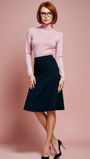 (prostokvashino), (uncle fyodor's mother), 35 years old woman, smooth red hair, short bobcut hair, big beautiful blue eyes, skinny face, thin cheeks, small cheekbones, sharp nose, small lips, Small round breasts, slim waist, wide hips, long legs, black plastic glasses with square lenses, <lora:Her_Eyes:.5>, Pink turtleneck sweater with long sleeves, long black skirt, high heels