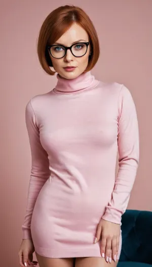 (prostokvashino), (uncle fyodor's mother), 35 years old woman, smooth red hair, short bobcut hair, big beautiful blue eyes, skinny face, thin cheeks, small cheekbones, sharp nose, small lips, Small round breasts, slim waist, wide hips, long legs, black plastic glasses with square lenses, <lora:Her_Eyes:.5>, Pink turtleneck sweater with long sleeves, long black skirt, high heels