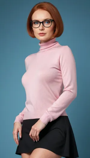 (prostokvashino), (uncle fyodor's mother), 35 years old woman, smooth red hair, short bobcut hair, big beautiful blue eyes, skinny face, thin cheeks, small cheekbones, sharp nose, small lips, Small round breasts, slim waist, wide hips, long legs, black plastic glasses with square lenses, <lora:Her_Eyes:.5>, Pink turtleneck sweater with long sleeves, long black skirt, high heels