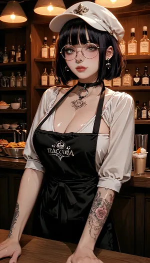 score_9, score_8_up, score_7_up, score_6_up, 1girl, pretty girl, blushing, goth make up, face piercings, nose piercing, tattoo, black long bangs, round glasses, white cap, wearing a black apron, big cleavage, at cafe, (big tits:.7), ratatatat74, <lora:ratatatat74-000050:1.7>, <lora:ishikeiXL:.9>
