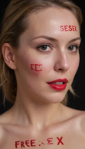 Portrait photo of a naked 35 year woman, closeup, (the word 'free sex' written on her face:1.6), red lipstick, nude, body writing, color photo, highly detailed, sharp focus, cinematic lighting, couple, <lora:texta:.8>, <lora:288407_training_data:1>, <lora:XL-coupleMV2:.6>