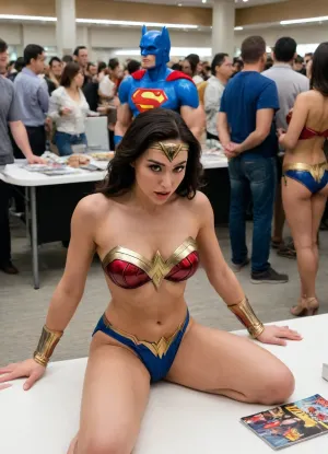 Superman and Wonder Woman, sex, standing getting fucked doggystyle, nude, diverse, interracial, tits out, detailed aroused faces, convention center of transformers convention in japan, several people selling comic books in background, toy and comic books on table, parents watching, doggystyle, vaginal sex, wide shot, many other people are watching in background, she is very aroused and having an orgasm, several people sitting at table, in front of her family, public, exposed, shock, disgust, arousal, incest, groping, taboo