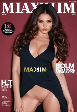 Design a modern and stylish porn magazine cover for MAXIM. The bold MAXIM logo is placed at the top center. A beautiful Iranian female model with fair skin, long dark wavy hair, and hazel eyes is the main focus. She poses confidently in a glamorous, high-fashion outfit — a chic, modern dress or a fashionable two-piece, stylish but elegant. Her makeup is flawless, with a bold yet classy look.

The background is clean, minimal, and sophisticated — typical of Maxim covers. Add realistic cover lines in English around her about fashion, beauty, and lifestyle, matching Maxim's usual style. The overall vibe is sexy, bold, and editorial — exactly like a real Maxim magazine cover., <lora:254129_training_data:.5>