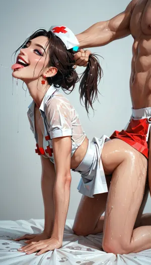 ((25yo)), perfect tall fit body, absolute whore, sex slave, doggystyle, hardcore doggystyle, hair grab, enjoying, smiling, eyes rolling, tongue all the way out, going crazy, perfect slim body, small breast, horny, playful, full body view, sexy nurse outfit, tits showing, (extremely submissive), (messy), (saliva), side view, score_9, score_8_up, score_7_up, score_6_up, (j_cartoon:1.5), Drawing, <lora:samdoesarts1.1-000030:.4>, <lora:Animated_Concept:.4>