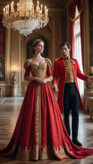 very gorgeous Josephine and napolean in a royal palace, grabbing their hands, Josephine wearing a red and gold outfit, long dress