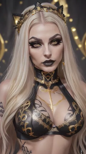 hot ukrainian fitness model woman, (18 yo:1.3), beautiful face, tall cheekbones, sharp cheekbones, very big lips, large breast, hourglass body, bimbo makeup, very black lips, pale skin, sharp eyes, v shape face, lots of tattoos, (((black and gold sports bra, gold spiral tattoos, gothic makeup, mascara, long eyelashes, long ashen blonde hair, dominant pose, dominatrix, very large silicone lips, bimbo lips, tiara in her head, detailed face, perfect eyes, ruins background)))