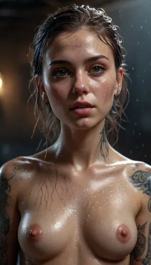 Ultrorealistic Detailed 8k photo of a Very wet girl Water flows down the body and on the nipples Dry hair with tattoos all over her body 3/4 view, <lora:detailed_notrigger:.5>
