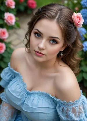 curvy young woman, close-up eyes, seductive eyes, soft lips, off-shoulder, blue ruffle blouse, lace, plump tits, leaning forward, flirting girlfriend, naughty princess, from above, dynamic angle, rose garden, Best quality, masterpiece, ultra high res, (photorealistic:1.4), raw photo, portrait