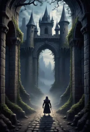 {', MORE_DETAILED_CAPTION, ', 'The image is a 3D rendering of a medieval castle. The castle is made of stone and has multiple towers with intricate details. The towers are covered in ivy and there are several windows on each tower. The entrance of the castle has a large wooden door with a wrought iron railing. The ground is covered in rocks and there is a small garden in front of the entrance. The sky is blue and the overall atmosphere of the image is peaceful and serene.'}, ghost, person, chained_up, Dark, Fantasy, page, <lora:Dark Fantasy:2>