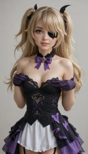 ï¼1girl, fischl_\, (genshin_impact\), solo, eyepatch, green_eyes, two_side_up, blonde_hair, breasts, gloves, fang, long_hair, looking_at_viewer, bow, smile, open_mouth, skin_fang, garter_straps, bare_shoulders, purple_bow, white_background, bangs, small_breasts, bowtie, hair_over_one_eye, feathers, hair_ribbon, ribbon, dress, simple_background, medium_breasts, blush, <lora:菲谢尔:.5>