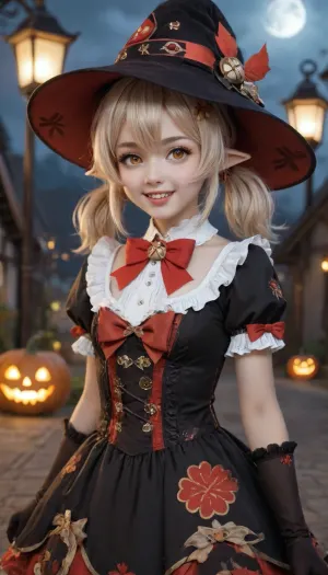 ï¼1girl, witch_hat, hat, smile, gloves, solo, klee_\, (genshin_impact\), long_hair, looking_at_viewer, black_gloves, bangs, hat_bow, short_sleeves, alternate_costume, bow, d, clover_print, orange_eyes, light_brown_hair, ahoge, sidelocks, frills, twintails, low_twintails, puffy_sleeves, open_mouth, hair_between_eyes, symbol-shaped_pupils, halloween, lantern, puffy_short_sleeves, teeth, pointy_ears, ribbon, hair_ornament, red_bow, bowtie, sky, hat_ornament, night, halloween_costume, witch, dress, <lora:可莉:1.5>