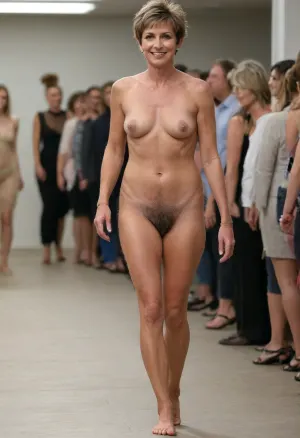UHD, 8k, High Quality, Very detailed, 1980s, NAKED MOM CONTEST, ((full-length:1.4)), full body view, newspaper photo style, ((Athletic Gilf 50 year old:1.4)), sexy face, ((walks the catwalk:1.4)), ((go)), ((aged face:1.4)), ((makeup:1.4), smiling, laughing, ((very hairy pussies:1.5)), ((pubic hair:1.4)), ((tanned, tan lines:1.4)), ((not tall:1.5)), ((athletic body:1.5), ((muscular body:1.4)), ((is a little overweight:1.3)), textured skin, slender bodies, (aged body), ((small saggy tits:1.5)), ((flat tits:1.5)), breast apart, ((narrow waist)), ((wide hips:1.4)), ((barefoot:1.4)), short hair, ((side-swept pixie:1.4)), ((looks past the camera:1.5)), ((looking away:1.5)), full body view, ac_neg1))
