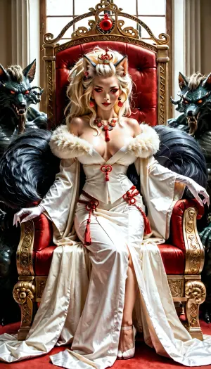 A film adaptation of Japanese myths, the anthropomorphic fox woman, the queen of monsters, (modern kitsune), is dressed in a modern erotic outfit, the queen of escorts and prostitutes sits on a throne made of men, behind the queen's back nine fluffy white fox tails