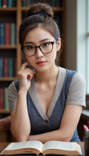 Sexy Korean librarian, glasses, hair bun, nerdy, geeky