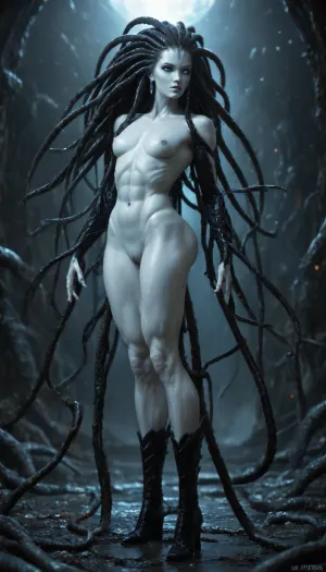 1 femalien fucking pussy with dildo, (cowgirl), (rear view), (large thin lips:1.4), (long revealing ornate black clothing:1.4), (extremely long tentacle hair:1.5), black hair, (small thin face:1.2), (blue and white skin:1.2), (very long thick eyelashes:1.1), (pure white eyes:1.4), (muscular alien body:1.6), collarbones, (earrings:1.1), (sexy tiny breasts:1.3), (thin waist:1), (small nipples:1.2), (bubble butt:1.3), (muscular thighs:1.3), (long legs:1.4), long arms, (nude:1.3), (full body view:1.3), (massive creampie:1.2), (perfect eyes:1.3), 8k, space
512/3000, alien, species, futuristic, suit, electalien, artstyle, <lora:alien-species:.1>, <lora:157880_training_data:2>, <lora:Alien_God_V3:2>, <lora:Electric Alien - Trigger is ElectAlien Artstyle:2>