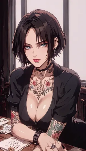 (Jill from Resident Evil), goth, tattoos, (leaning over table), front view, (big tits:1.3), (cleavage teacher outfit), score_9, score_8_up, score_7_up, score_6_up, <lora:NEOTOKIOXL_0.2_RC:1.5>, <lora:cartoon_stickers_xl_v1:.5>