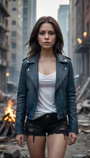 Post-apocalyptic street scene, 8k resolution, ultra-high detail, hyperrealistic, cinematic lighting, sharp focus, anti-aliasing, a sultry young female stalker with flowing raven hair, piercing, plump lips, and scars on her thigh sits by a dying campfire in a ruined city. She wears a worn leather jacket and shorts, white t-shirt, a compass amulet around her neck. Background, crumbling skyscrapers, overgrown vegetation, misty haze, orange glow from embers contrasting with cold blue-gray tones. No pixelation, no compression artifacts, realistic textures, depth of field., p13rc1ng, lip, piercings