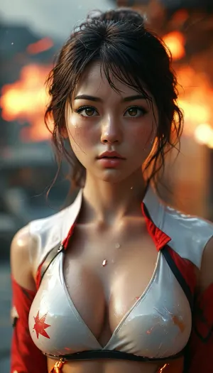 (((Realistic face, realistic eyes, normal eyes, Japanese eyes))), (((Photorealistic))), 35-year-old fire nation princess Avatar, ATLAB, fire nation military uniform, great storm, adult, MILF, huge breasts, stretch marks on boobs, saggy breasts, (((perfect face, realistic face, normal face))), ((Japanese)), colors of the wind, normal eyes, sexy eyes, realistic eyes, slut face, bimbo, bubble butt, toned legs, cute toes, bolt of lightning in the background, <lora:MJ52:.8>