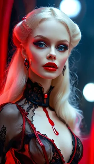 (movie poster for a 2023s SciFi movie version of "dracula":1.2), (evil vampire "human barbie" in action scene), cleavage, ("barbie" skimpy intricate transparent mini tight fitted costume), sexy legs, huge breasts, blood dripping lips, <lora:MJ52:.8>