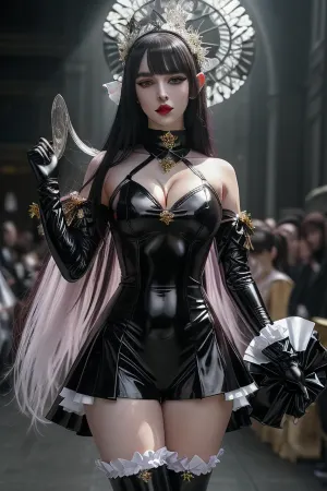 One female, full body, exquisite outfit, pale, Emo, luxurious, evil, temptress, Circe, hyperrealism, latex outfit, realistic, magical, mythic, goddess, cheerleader face, bimbo, elf, unique face, black hair, dark eyes, epiCNegative, <lora:epiCRealismHelper:1.5>