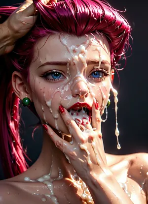 jessie from pokemon, orgasm, cum covering mouth and nose, cum on face, facial, lots of cum, hair pulling, cum on tits, <lora:milkers_v2:.8>, <lora:Jessie:.8>