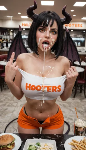 masterpiece, best quality, highly detailed, (anime:1.2), BREAK, male pov body, large penis, testicles, (pov hand giving a wad of cash to succubus), succubus standing at the opposite side of the table, leaning forward over table, viewer sits down inside a lively hooters food restaurant after ordering food. After a short moment, a gorgeous 25 year old white succubus with a long black hair bob haircut and wide open orange eyes. She is wearing orange micro hot shorts and a low cut white underboob crop top appears with his order of chicken wings and french fries. She has natural b cup breasts and the downblouse view of her top occasionally shows one of her nipples, nipslip. As she is about to hand over french fries to give to him, she didn't notice that the gluttonous viewer got excited over the food, and had unzipped his pants revealing his large penis, testicles. As the succubus picks up the plate of food with her hand and leans forward trying to give viewer french fries, he has an intense orgasm and ejaculates from his large penis after being aroused by the food. She is shocked, surprised and disgusted as viewer's penis shoots a large cum string ejaculation, hitting her in the eye, thick cum splashing on her face, eye, into her hair and all over her clothes, cum drips down from face onto her breasts, clothes and french fries as she closes her eye that is covered in cum. Viewer holds out a wad of cash in his hand telling her to eat the cum covered food if she wants the money. She looks at him with total disgust and anger, and she yells at him saying "Fuck You!" while showing him the middle finger., (large penis, testicles:1.2), hooters food restaurant, gorgeous, white, 25 year old, succubus, demonic, wings, horns, tail, long black hair bob haircut, wide open orange eyes, natural b cup boobs, slim, athletic, gymnast body, no bra, orange micro hot shorts, a low cut white underboob crop top, (downblouse, nipslip, cleavage), (disgusted:1.2), angry, (middle finger), (looking down), french fries, cumming, (large cum string ejaculation onto eye:1.2), (facial, facialized, cum, cum on clothes, cum on face, food, cum in mouth, hair, excessive cum:1.3), hamburger, chicken wings, beer, <lora:Better Anime Backgrounds - [Background] - SDXL Version 1:.5>