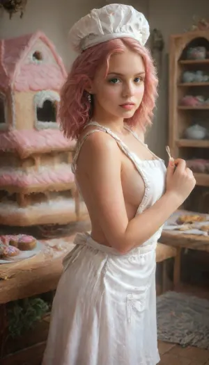 A beautiful girl pastry chef, pink hair, white apron with side boob, ((bakes a gingerbread house)), cottoncandy, Candy, Land, gingerbread, house, <lora:SDXLCottonCandy:.5>, <lora:Candy_land_2:.5>, <lora:Pink_Lips:.5>, <lora:Gingerbread_Houses_SDXL-000007:1.5>