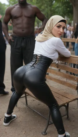 spanking festival, a young blonde woman with hijab, tight leather pants, leather corset and converse sneakers strapped to a, ((leather upholstered punishment bench:1.2)), tied up, red ass, men spanking her, (interracial:1.2)