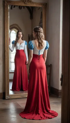 uber realistic image, fullcolor image, full body view, 8K quality, ultra detailed, masterpiece, inside a medieval baronial castle, ((a woman in blue jeans and a sexy white top is standing with his back to the viewer)), in front of full length mirror, ((woman sees his reflection dressed in red medieval dress with very large neckline)), super detailed image, full length, detailxl