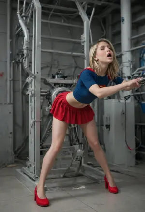 stockings, 20 years old girl, blonde, closed eyes, looking up, perfect face, tall and cute, white skin, very big tits, naked, slim, full body view, bondage, mechanism, fixed, built into mechanism, built in arms and legs, large device, girl inside device, arms and legs fixed inside, stationary restraints, mechanical restraints, small breasts, fucking machine, daylight, wide hips, cheerful face, open mouth, machine, bent over, detailed background, sexmachine, 1girl, spread, legs, cum, in, pussy, stationary, restraints, ((dark blue shirt with supergirl symbol and red skirt))