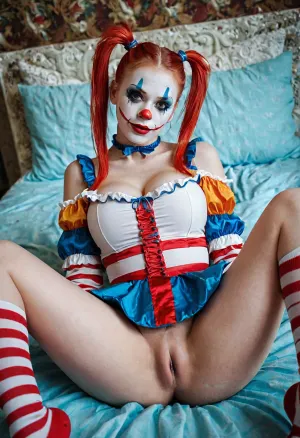 young beautiful girl 18 years old clown girl with big breasts, wearing a pulled-up dress without any underwear, laying on her back with spread legs, no panties, long striped socks, clown makeup, skinny, white face paint, detailed vagina, looking at the viewer, back long high twin multi-colored ponytails, excited, aroused, tack sharp, 4k, dslr