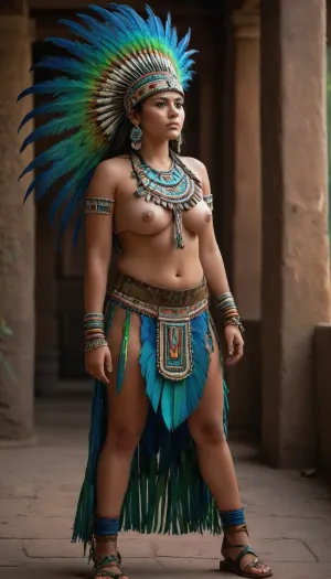 Ultra high definition, ultra high resolution, photorealistic, 8k resolution, full body photograph of very busty 20 year old Aztec woman. She is wearing ceremonial clothes, blue and green colorful feathers, leather, strapped sandals, Aztec temple