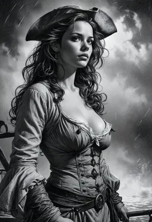 (Line art:2), ink drawing, Cowboy shot, Pirate Queen — Helm in the Storm 17th-century busty gorgeous pirate captain at the helm of her ship during a storm at night in the darkness, undone linen shirt over a corset, very large breasts with enormous areolae and puffy nipples, upper torso and a hint of cleavage visible exposed boobs, wind-torn coat, braless, Wearing, clothes, that, make, sense, with, Braless>, 7-FineLine, Inkdrawing, <lora:MJ52:2>, <lora:bralessSDXL_v1_00022:1.3>, <lora:Fine Line v1.0:2>, <lora:SDXL_Inkdrawing_v1:2>