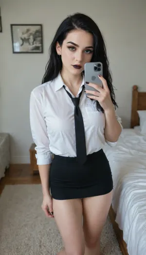 A beautiful young woman, college aged, posing in her bedroom, British white pale skin, emo, goth, gothic make up, black eye liner with black lip stick, thin small body, very long gothic style hair, she is wearing a smart white shirt and tie, very short black skirt. Visible thighs, sexy legs., <lora:SG_emo_girl_SDXL:.5>, taking a selfie with her mobile phone.