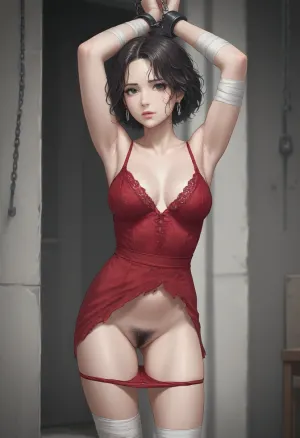 A woman in red lingerie with black lace inserts standing in a room with her arms raised up. Her wrists show bandages attached to a chain, giving the image additional context and an element of drama. She looks confident and slightly mysterious, looking directly into the camera, even though she realizes that her hands are chained. The dress she is wearing is completely torn and hangs sack-like over her shoulders., (Her panties are down to just above her knees), Her hairy pussy is fully visible, public hairy