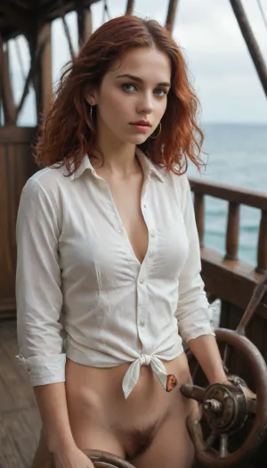 young woman, 18 years old, French, long red hair, blowing in the wind, frontal, very hairy pussy, standing on the deck of a medieval ship, white unbuttoned shirt, steering wheel in the background, pirates