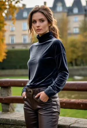 (masterpiece, best quality:1.2), 1 czech 35yo woman, (faded anthracite baggy velvet turtleneckneck shirt, leather pants:1.4), outdoors, longest brunette hair, hair combed back to tight ponytail, green eyes, in sunny cold autumn bohemian castle park, photorealism, she is relaxing on a bench, flat, chested, <lora:style_lora_realis:.5>, <lora:flat_chested_v3.5:.5>