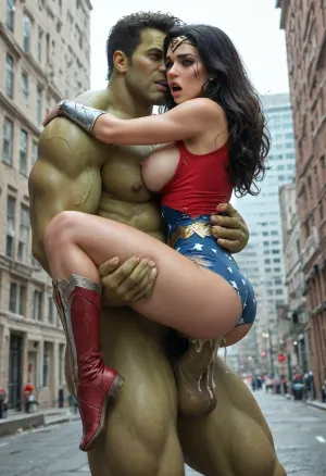 ((side shot:1.5)), Massive Incredible Hulk standing, massive green equine hyper-cock, Wonder Woman, She is vaginally fucked in carrying position sex by a the incredible hulk holding her legs, (torn clothing:1.3), her top and bottom clothes are torn open, her breasts are out, superhero, hardcore, rough sex, (destroyed city background:1.2), (buildings destroyed), massive hyper-cock, (creampie:1.2), big cock in pussy, vaginal sex, perfect anatomy, ((mascara tears)), (rolling eyes:1.2), open mouth, sweat, ahegao, full body View, lifting, ((Wonder Woman legs are wrapped around Hulk's waist)), revsitting, revstanding, <lora:revsex_SDXL_1_:.8>, <lora:BUT_SDXL_SHS:1.5>, <lora:add-detail-xl:.8>, <lora:badanatomy_SDXL_negative_LORA_SeaArtXL_v1:1>