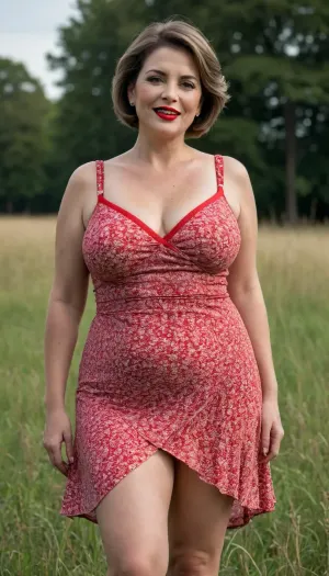A 55-year-old plump woman stands in the middle of a grassy field. She is plump and mature, with short hair and makeup on her face. She is wearing a beautiful short summer dress with a large neckline and a slit in the skirt. She has a bright smile and bright red lips. As she prepares to relieve herself, the slit in her dress opens, revealing her large, saggy breasts and wide hips. Her panties slipped slightly to her knees.