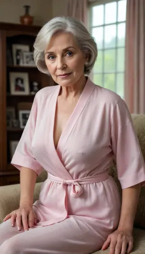 An elderly woman with short, styled grey-blonde hair sits posed, looking directly at the camera. She slightly plump. She is showing her breasts. She is sitting.
She wears a sheer, pink, loose open robe. The robe is undone revealing her large saggy breasts, large dark nipples and chest. breasts and dark nipples are visable. A small tufts of her dark public hair is slightly visible.
The robe's fabric is delicate and slightly wrinkled, suggesting a lightweight, possibly synthetic material. Her hands are clasped over her lower abdomen, drawing attention to a silver ring on her left ring finger and a silver bracelet on her left wrist. Her fingernails appear neatly trimmed and possibly polished a pale pink or neutral color. The woman's facial expression is serene, almost a slight smile playing on her lips. The setting appears to be a living room. Behind her, a picture, possibly a landscape featuring water and hills, hangs on a wood-paneled wall. The wall itself has a textured, likely wallpapered surface. To the right, a dark wood display cabinet with glass doors showcases various items, though their details are obscured by reflections and distance. A second, smaller, white shelf hangs above the cabinet, holding framed photographs and figurines, hinting at personal memories and collections. Beige curtains hang to the right of the cabinet, adding a soft touch to the room. A portion of a patterned sofa, likely plaid or striped in dark colors, is visible in the lower right corner of the image. The lighting in the room is even, suggesting a daytime photograph taken with natural light supplemented by indoor lighting. The overall impression is one of a candid, intimate portrait within a comfortable, lived-in space. The woman's direct gaze and the revealing nature of her attire suggest a level of comfort and self-acceptance.