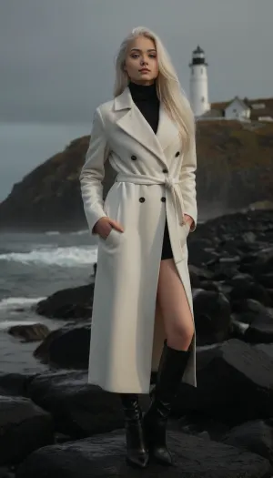 (masterpiece, best quality, highres, photorealistic, ultra detailed), 1girl, 20 year old beautiful young woman, nordic features, tall slender curvy body, long flowing ash white hair shining in cold light, very pale porcelain skin with subtle cool glow, icy blue eyes with sharp reflections, delicate symmetrical face, small nose, full lips with cold pink matte lipstick, bright makeup with frosty silver eyeshadow and defined lashes, slightly flushed cheeks, elegant confident expression, standing contrapposto on wet black basalt rocks, one leg forward, shoulders relaxed, gaze toward camera, hands in pockets of long fitted white wool coat cinched at waist, under it black turtleneck cashmere sweater, black high waisted trousers shaping hips and legs, black leather ankle boots, minimal silver jewelry, glossy wet rocks underfoot, white lighthouse behind on misty cliff, cold northern sea waves crashing, light fog and sea spray in air, overcast sky, soft diffused natural light, subtle rim light outlining her hair, cinematic composition, HDR, ultra sharp focus, shallow depth of field, subtle film grain, realistic depth, <lora:add-detail-xl:.75>, <lora:PerfectEyesXL:1>, <lora:cfg_scale_boost:.6>