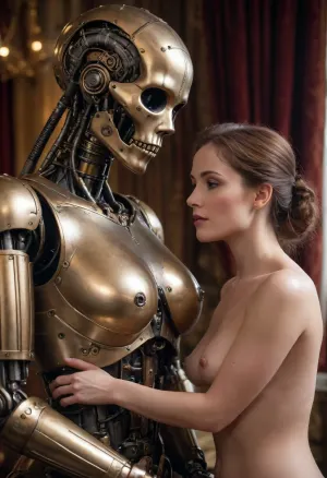 A beautiful curvy mature Caucasian milf is embraced by a large, metallic robot with a large artificial penis. The woman of about forty years old, she is full nude. Her complexion is fair, with closed eyes and a serene expression as she rests her head against the robot. The robot is intricately designed with visible gears, pipes, and metal plates, in a steampunk aesthetic, and has a metallic skull-like face. They are set against a blurred background with dark curtains and ornate, gold-framed walls, indicating a luxurious interior, likely a palace. The perspective is a medium shot, focusing on the intimate interaction between the two subjects. Lighting is soft, casting gentle shadows and highlighting the details of the robot's metallic components and the woman's features. The overall atmosphere is romantic and slightly melancholic.