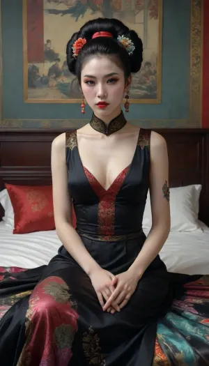 a painting of a woman in a colorful black dress sitting on a bed, fantasy art, cyberpunk art, by Tang Di, takato yamamoto aesthetic, by tom bagshaw, ancient chinese goddess, style of tom bagshaw, cyberpunk geisha