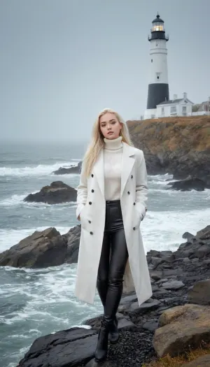 (masterpiece, best quality, highres, photorealistic, ultra detailed), 1girl, 20 year old beautiful young woman, nordic features, tall slender curvy body, large breast, long flowing ash white hair shining in cold light, very pale porcelain skin with subtle cool glow, icy blue eyes with sharp reflections, delicate symmetrical face, small nose, full lips with cold pink matte lipstick, bright makeup with frosty silver eyeshadow and defined lashes, slightly flushed cheeks, elegant confident expression, standing contrapposto on wet black basalt rocks, one leg forward, shoulders relaxed, gaze toward camera, hands in pockets of long fitted white wool coat cinched at waist, under it black turtleneck cashmere sweater, black high waisted trousers shaping hips and legs, black leather ankle boots, minimal silver jewelry, glossy wet rocks underfoot, white lighthouse behind on misty cliff, cold northern sea waves crashing, light fog and sea spray in air, overcast sky, soft diffused natural light, subtle rim light outlining her hair, cinematic composition, HDR, ultra sharp focus, shallow depth of field, subtle film grain, realistic depth, <lora:add-detail-xl:.75>, <lora:PerfectEyesXL:1>, <lora:cfg_scale_boost:.6>