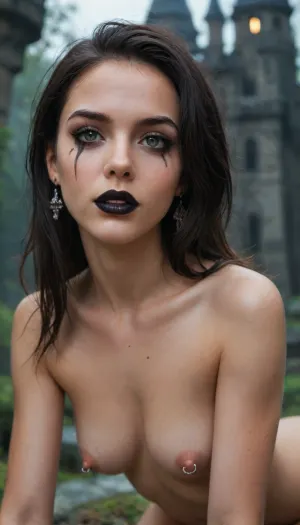 Dark Fantasy, a dark fantasy castle with high towers and pinnacles. Nude girl, faded makeup, skinny body, small tight ass, up close, medium breasts, nipple rings, (((black lipstick))), long straight black hair, The walls are ruined and cracked. At the center ther is a massive gothic tower. The castle is surrounded by a grim forest, and swarms of bats. The sky is dark and the night is dark. Fantasy. Dark. Black., <lora:Dark Fantasy:1>, supermodel, face, big, lips, <lora:Beautify-Supermodel-SDXL:.8>
