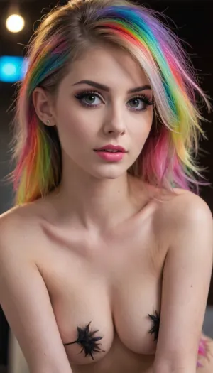 18 year old, (((bending over showing her ass))), (Extremely messy long rainbow hair, ponytail, cute, Slim, ((erect nipples)), medium breasts, goth, full body view, skinny face, (((very Tiny young model))), (((young, topless))), perfect eyes, (((close-up))), small petite body, full body photo, beautiful small cute face, ((((slender body)))), (very skinny:1.4), ((narrow waist)), (((very long big thick eyelashes)))), large breasts, night club