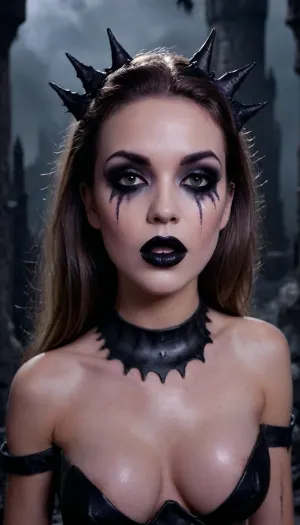 Dark Fantasy, a dark fantasy castle with high towers and pinnacles. Nude girl, faded makeup, skinny body, small tight ass, up close, medium breasts, nipple rings, (((black lipstick))), black chocker, The walls are ruined and cracked. At the center ther is a massive gothic tower. The castle is surrounded by a grim forest, and swarms of bats. The sky is dark and the night is dark. Fantasy. Dark. Black., <lora:Dark Fantasy:1>, supermodel, face, big, lips, <lora:Beautify-Supermodel-SDXL:.8>, <lora:315758_training_data:.8>, ruined, makeup, <lora:ruined1:.8>, liner, shadow, run, off, lsrf, mascara, <lora:liner shadow run off-GMR:.8>