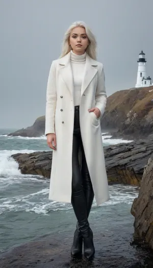 (masterpiece, best quality, highres, photorealistic, ultra detailed), 1girl, 20 year old beautiful young woman, nordic features, tall slender curvy body, large breast, long flowing ash white hair shining in cold light, very pale porcelain skin with subtle cool glow, icy blue eyes with sharp reflections, delicate symmetrical face, small nose, full lips with cold pink matte lipstick, bright makeup with frosty silver eyeshadow and defined lashes, slightly flushed cheeks, elegant confident expression, standing contrapposto on wet black basalt rocks, one leg forward, shoulders relaxed, gaze toward camera, hands in pockets of long fitted white wool coat cinched at waist, under it black turtleneck cashmere sweater, black high waisted trousers shaping hips and legs, black leather ankle boots, minimal silver jewelry, glossy wet rocks underfoot, white lighthouse behind on misty cliff, cold northern sea waves crashing, light fog and sea spray in air, overcast sky, soft diffused natural light, subtle rim light outlining her hair, cinematic composition, HDR, ultra sharp focus, shallow depth of field, subtle film grain, realistic depth, <lora:add-detail-xl:.75>, <lora:PerfectEyesXL:1>, <lora:cfg_scale_boost:.6>