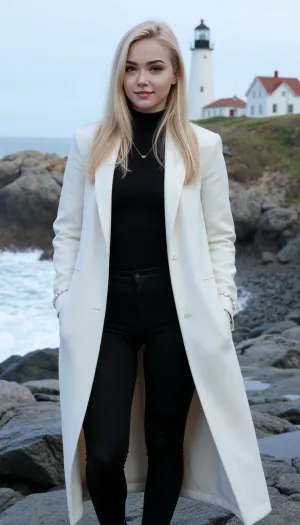(masterpiece, best quality, highres, photorealistic, ultra detailed), 1girl, 20 year old beautiful young woman, nordic features, tall slender curvy body, large breast, long flowing ash white hair shining in cold light, very pale porcelain skin with subtle cool glow, icy blue eyes with sharp reflections, delicate symmetrical face, small nose, full lips with cold pink matte lipstick, bright makeup with frosty silver eyeshadow and defined lashes, slightly flushed cheeks, elegant confident expression, standing contrapposto on wet black basalt rocks, one leg forward, shoulders relaxed, gaze toward camera, hands in pockets of long fitted white wool coat cinched at waist, under it black turtleneck cashmere sweater, black high waisted trousers shaping hips and legs, black leather ankle boots, minimal silver jewelry, glossy wet rocks underfoot, white lighthouse behind on misty cliff, cold northern sea waves crashing, light fog and sea spray in air, overcast sky, soft diffused natural light, subtle rim light outlining her hair, cinematic composition, HDR, ultra sharp focus, shallow depth of field, subtle film grain, realistic depth