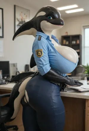 ((female orca, killer whale)), detailled blue eyes, huge breast, large ass, ((Office)), (big thighs), (((high Quality, furry woman, killer whale skin, police uniform))), award photo, ultra hd body